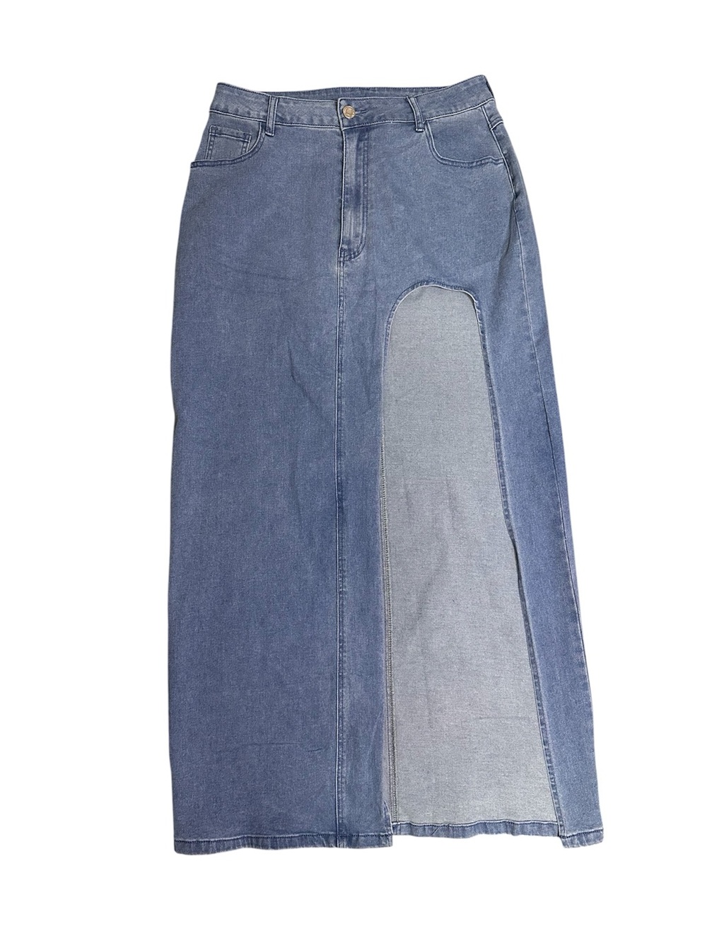 Blue Denim Maxi Skirt With High Slit Size Large Stretchy Material